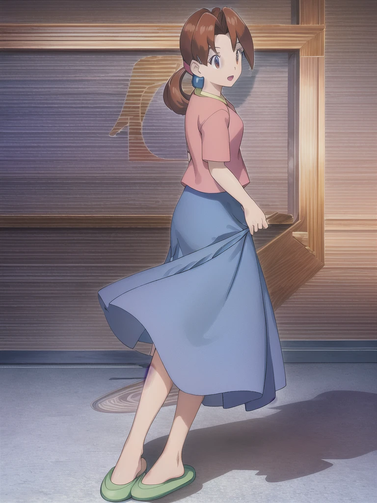 Delia_Ketchum 1girl, full body, looking at viewer, :d, open mouth, (extremely detailed CG unity 8k wallpaper), (masterpiece), (best quality), (ultra-detailed), (best illustration), (best shadow), (absurdres), finely detail, skirt, shirt, blue skirt, long skirt, pink shirt, slippers,