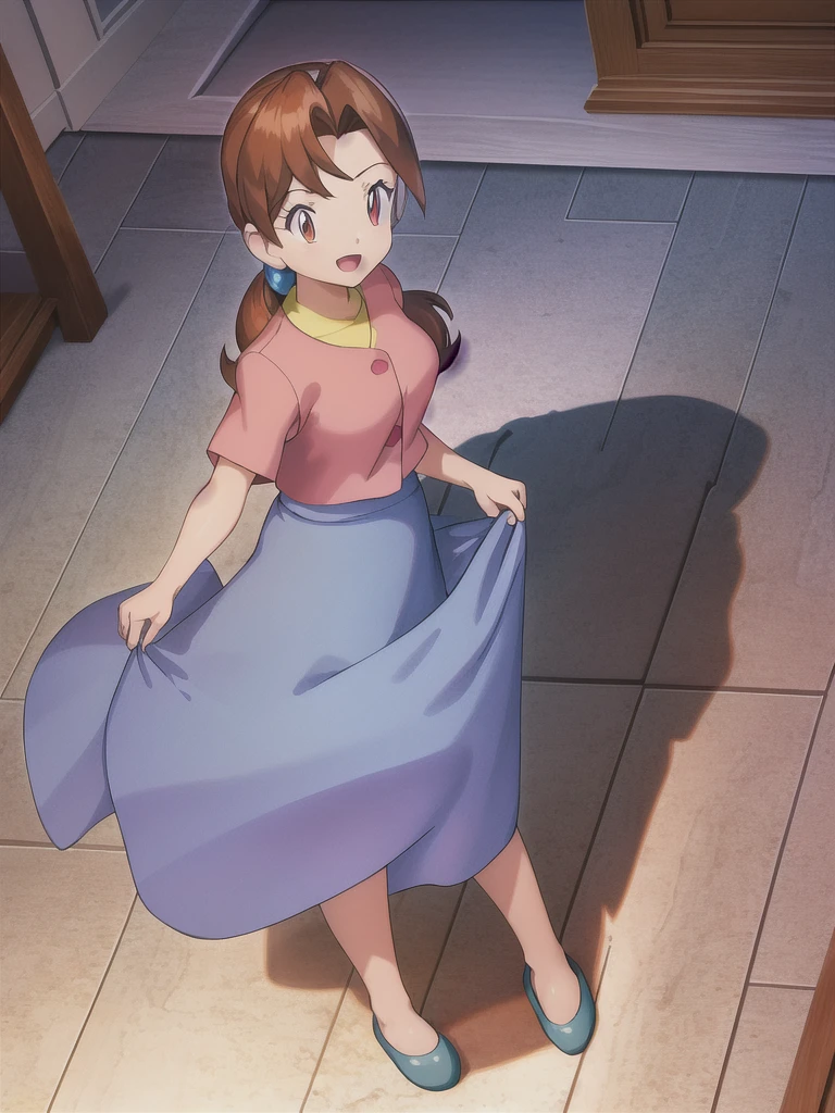 Delia_Ketchum 1girl, full body, looking at viewer, :d, open mouth, (extremely detailed CG unity 8k wallpaper), (masterpiece), (best quality), (ultra-detailed), (best illustration), (best shadow), (absurdres), finely detail, skirt, shirt, blue skirt, long skirt, pink shirt, slippers,