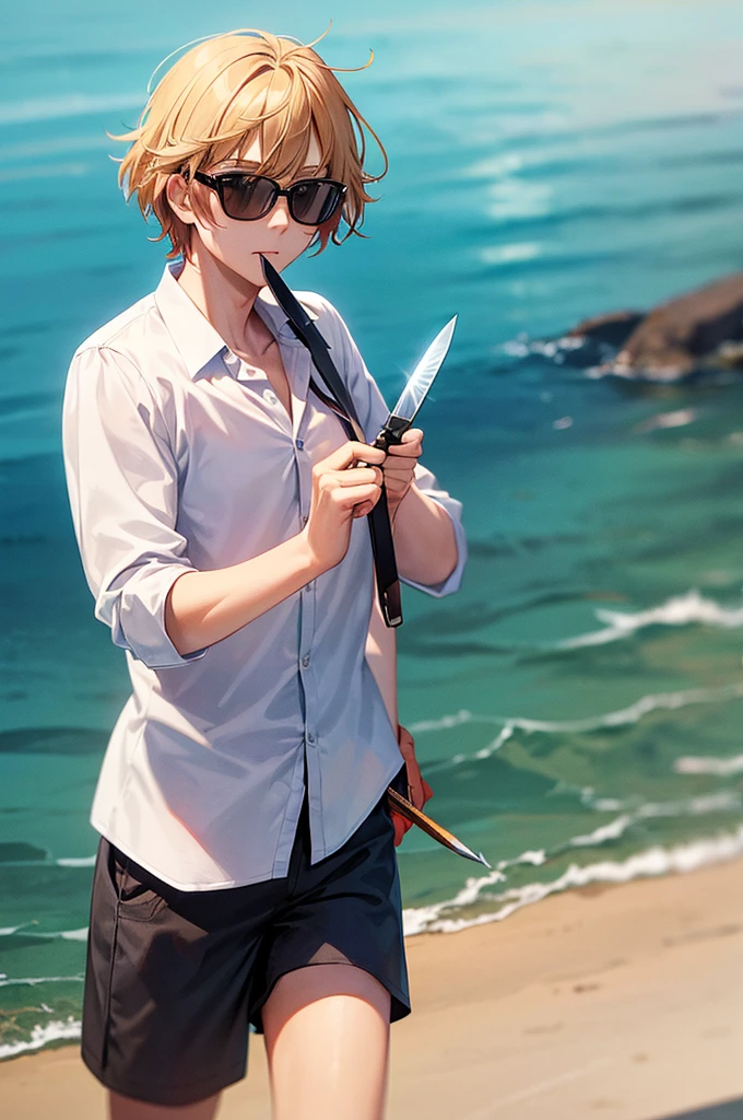 Fish-faced man in a summer shirt and summer shorts with two knives one in each hand