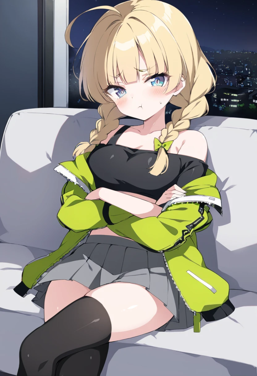 tss, score_9, score_8_up, score_7_up, score_6_up, source_anime, shiny skin, 
1girl, cyan eyes, blonde eyebrows, blonde hair, double bangs, braids, ponytail, black crop top, off shoulder unzipped jacket, waist-level pleated skirt, grey skirt, pout mouth, blush, flushed, looking at viewer, sweat, crossed arms, angry, stern eyes, night time, living room, on sofa, crossed legs, black stockings