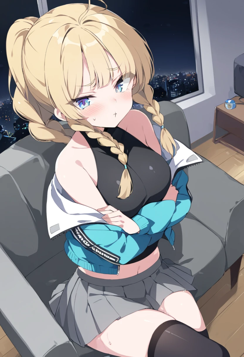 tss, score_9, score_8_up, score_7_up, score_6_up, source_anime, shiny skin, 
1girl, cyan eyes, blonde eyebrows, blonde hair, double bangs, braids, ponytail, black crop top, off shoulder unzipped jacket, waist-level pleated skirt, grey skirt, pout mouth, blush, flushed, looking at viewer, sweat, crossed arms, angry, stern eyes, night time, living room, on sofa, crossed legs, black stockings