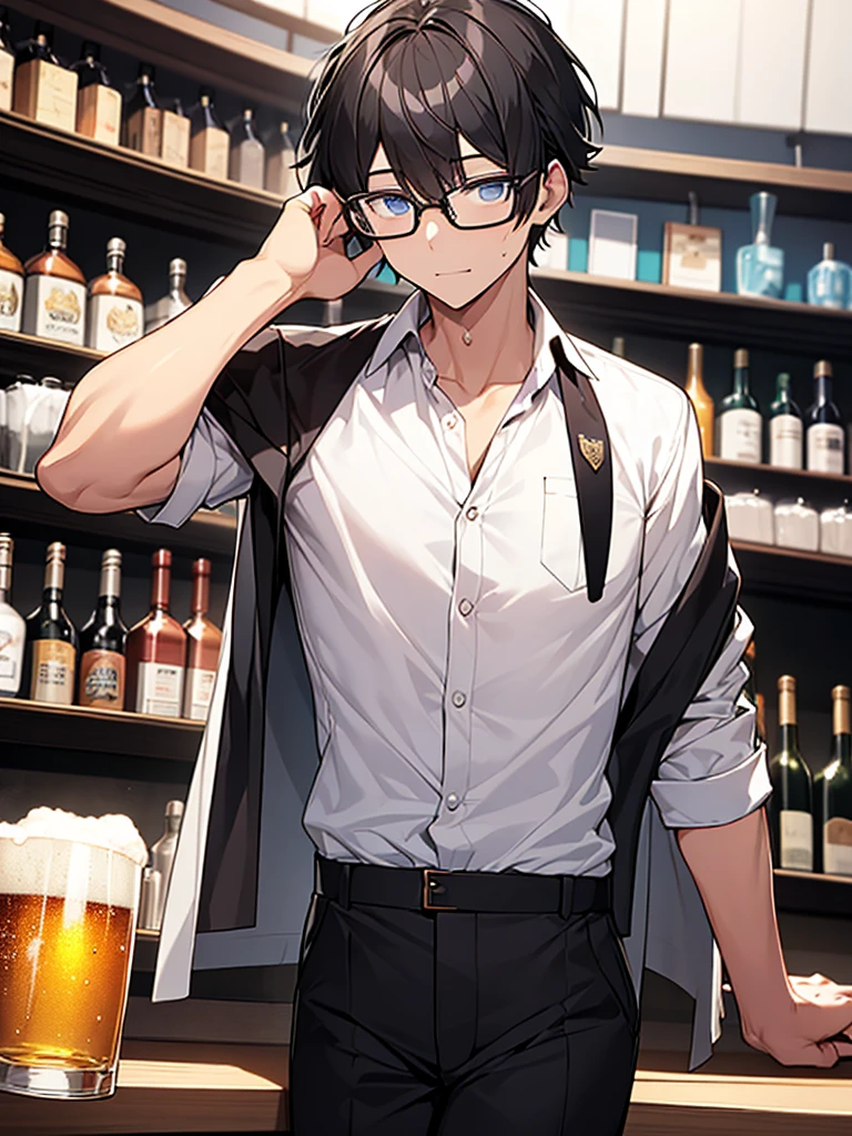 Black-haired, nerdy young man, white shirt, jacket, bar counter, drinking beer from a glass, wrinkles on brow, glasses