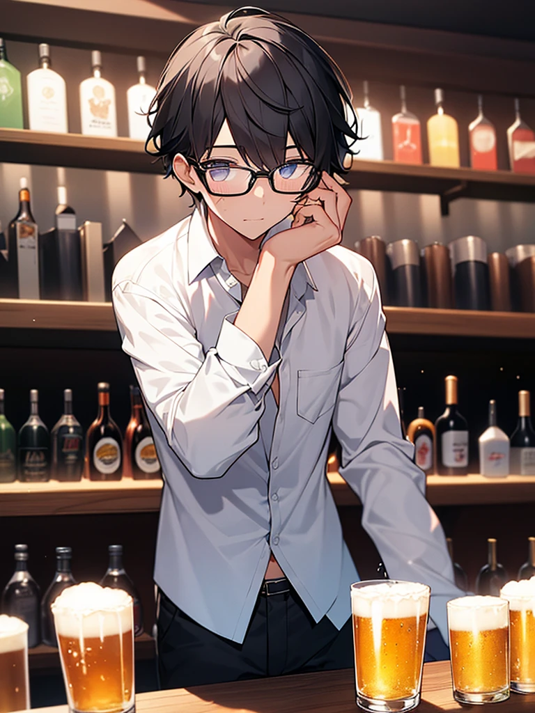 Black-haired, nerdy young man, white shirt, jacket, bar counter, drinking beer from a glass, wrinkles on brow, glasses