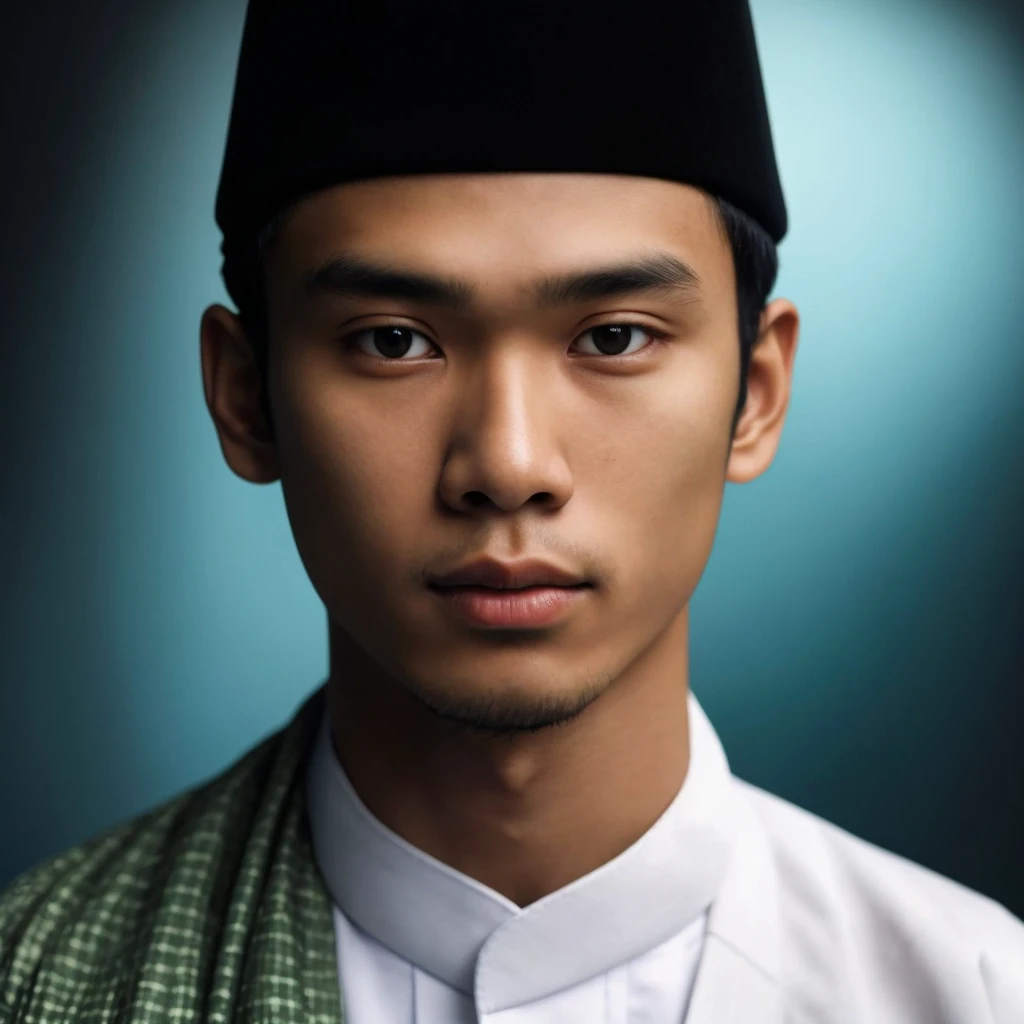 a 23 year old Indonesian man, oval shaped face, (very clean face), wearing traditional clothes, including a white robe and a green mantle. He wears a black hat on his head. The background of the picture is a blurry dark blue, looking at the camera. natural light, best quality, realistic eyes, very detail, ultra high resolution, long shot