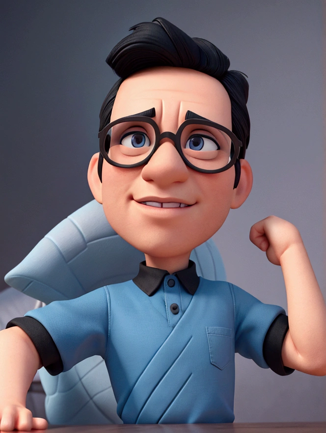 Cartoon character of a man in black glasses and blue shirt, open rbanca and black hair, animation character, stylized character, animation style rendering, 3d stylized, Arnold Maya rendering, Stylized 3D rendering, toon render screenshot, 3d character, 3d character, Stylized 3D rendering, 3D character rendering, cartoon character, Personagem de close up, character posing, (Pixar-style) (master part:1.2) (bokeh) (best qualityer) (skin detailed) (detailed texture) (8k) (Argilla) (cinematic lighting) (sharp focus