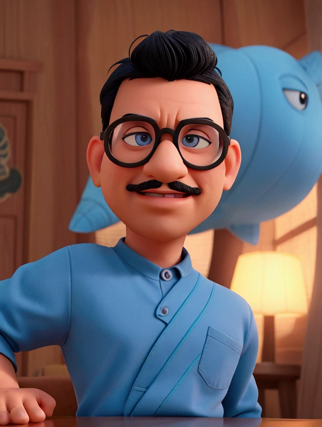 Cartoon character of a man in black glasses and blue shirt, open rbanca and black hair, animation character, stylized character, animation style rendering, 3d stylized, Arnold Maya rendering, Stylized 3D rendering, toon render screenshot, 3d character, 3d character, Stylized 3D rendering, 3D character rendering, cartoon character, Personagem de close up, character posing,  (Pixar-style) (master part:1.2) (bokeh) (best qualityer) (skin detailed) (detailed texture) (8k) (Argilla) (cinematic lighting) (sharp focus