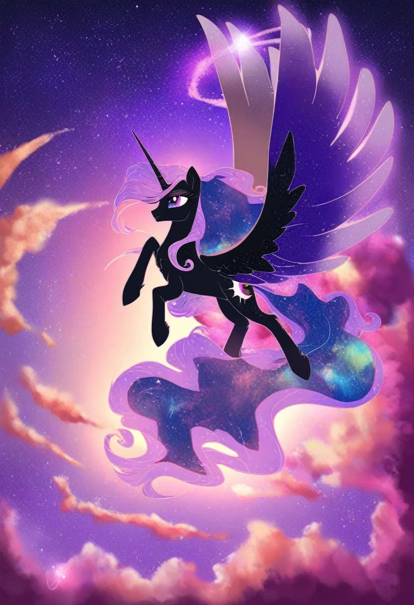 alicorn, pony, princess luna, cutie mark:1.1, (score_9), solo, stars background, very beautiful, best quality, perfect anatomy,  Impressionism, burning spread wings, fluffy, (body fur), masterpiece, blurry, mlp art, lens flare,  depth of field, cute