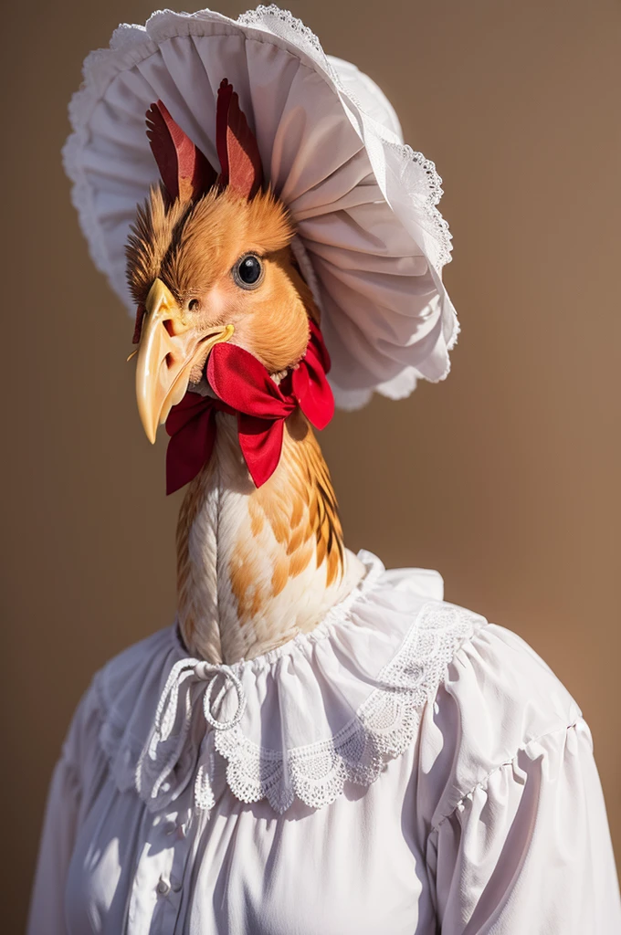 Create a drawing of a chicken with a bonnet blouse