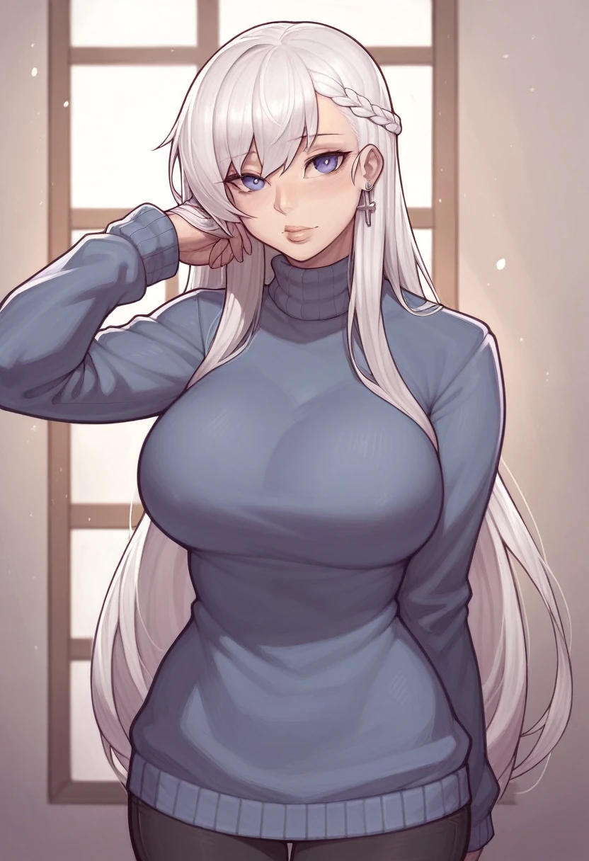 _asura style, 1girl, solo, belfast (azur lane), looking at viewer, sweater, large , white hair, cowboy shot