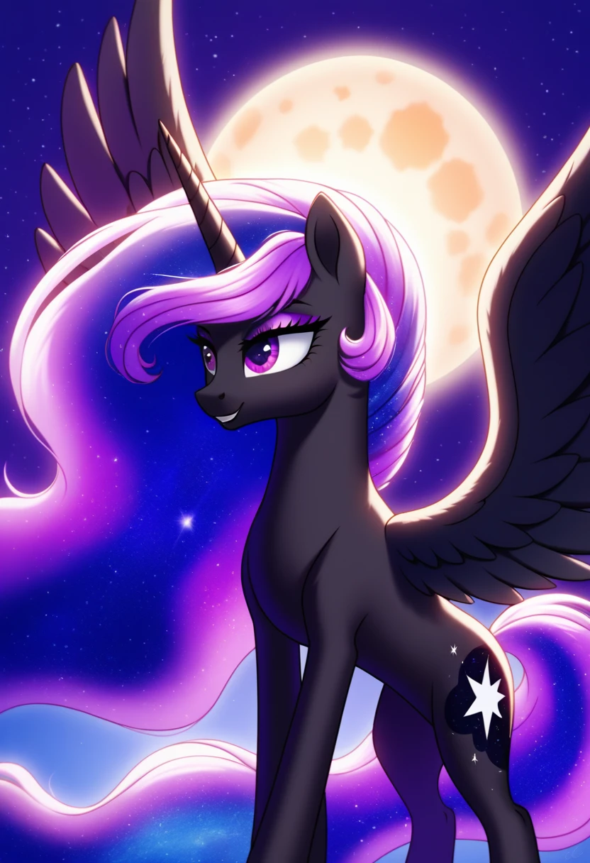 score_9, (unicorn pony, black fur, pony galaxy,hair long galaxy purple and dark blue,stars hair,eyes purple,cauda long galaxy,background galaxy,big wings 