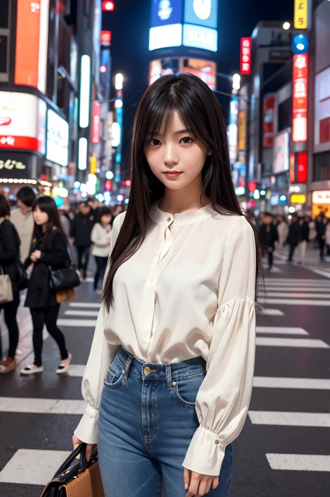 A beautiful young Japanese woman with long, straight black hair and almond-shaped dark brown eyes. She has a smooth porcelain complexion with a natural, subtle makeup look. She is wearing a stylish yet casual outfit consisting of a white blouse tucked into high-waisted blue jeans, and a pair of black flats. She stands on a busy street in Tokyo, with the iconic Shibuya crossing in the background. Her expression is warm and friendly, and the scene is vibrant with city lights and people. The art style is realistic with attention to detail.