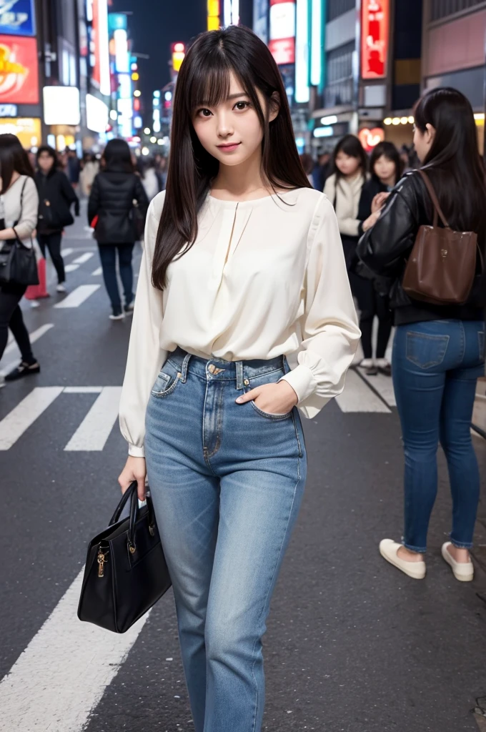 A beautiful young Japanese woman with long, straight black hair and almond-shaped dark brown eyes. She has a smooth porcelain complexion with a natural, subtle makeup look. She is wearing a stylish yet casual outfit consisting of a white blouse tucked into high-waisted blue jeans, and a pair of black flats. She stands on a busy street in Tokyo, with the iconic Shibuya crossing in the background. Her expression is warm and friendly, and the scene is vibrant with city lights and people. The art style is realistic with attention to detail.