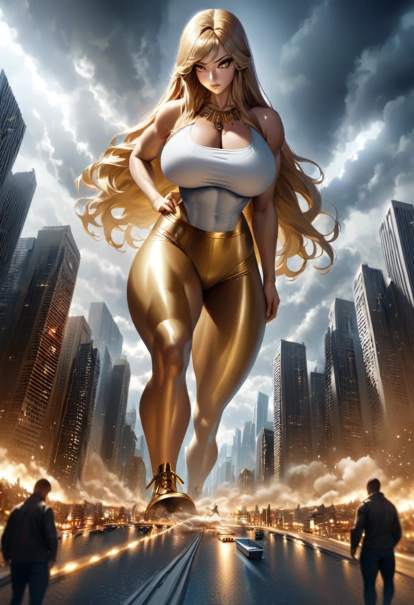 Giantess, White tight greek goddess clothing, gold high heels, toned and athletic, massive strength, really big breasts, gold eyes, blonde long hair, gold jewellery, superior expression, strolling through a tiny city, smoke and clouds roil around her, epic scale and drama, dark gloomy lighting, realistic, tense and ominous atmosphere, majestic, powerful, goddess, perspective from below, hand on hip, looking downwards at a s,all human man in work clothing, bending downards to look at POV. Fullbody. 