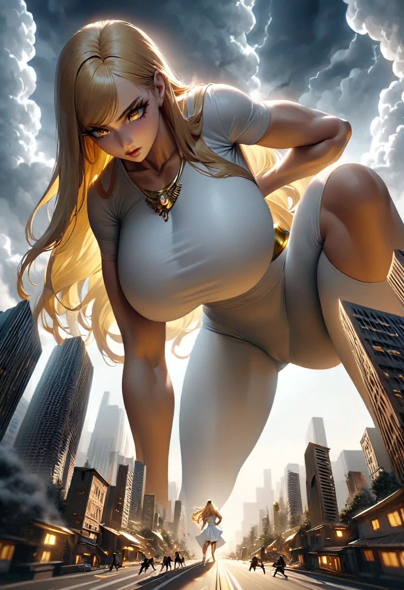 Giantess, White tight greek goddess clothing, gold high heels, toned and athletic, massive strength, really big breasts, gold eyes, blonde long hair, gold jewellery, superior expression, strolling through a tiny city, smoke and clouds roil around her, epic scale and drama, dark gloomy lighting, realistic, tense and ominous atmosphere, majestic, powerful, goddess, perspective from below, hand on hip, looking downwards at a s,all human man in work clothing, bending downards to look at POV. Fullbody. 