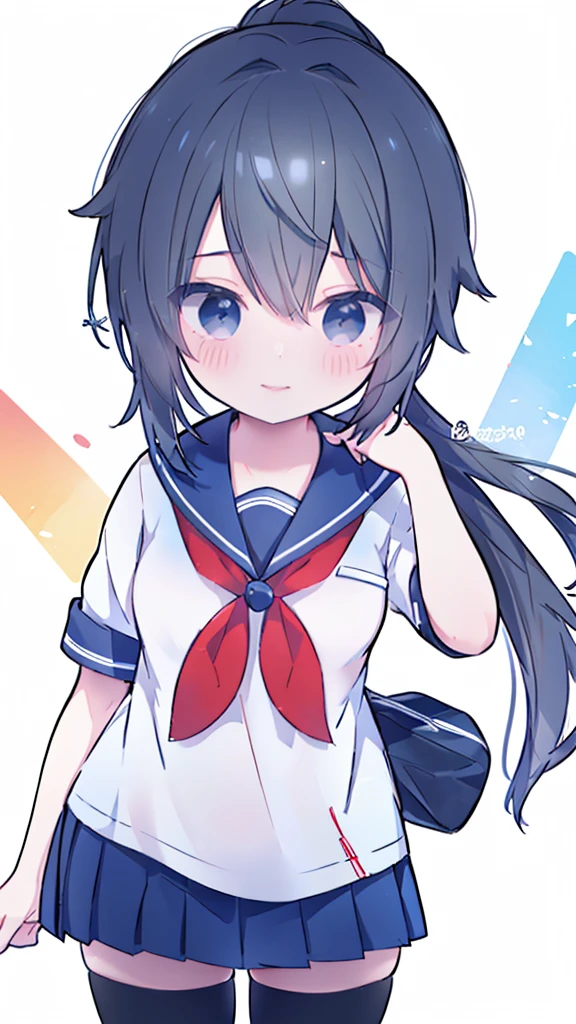 masterpiece, best quality, mature female, solo, 1girl, ayano, black_hair,  grey_eyes,  ponytail, school_uniform, thighhighs, looking at viewer, delicate, light smile,  serafuku, blue sailor collar, white sailor shirt, red neckerchief, short sleeves, blue pleated skirt, black shoes,  delicate, ethereal, beautiful, skirt,short sleeves,looking at viewer, high-definition,masterpiece,best quality, masterpiece, best quality, high resolution, aabeta, double, standing, slim waist, cute, sailor uniform (PastelColors: 1.3), white simple background, cute eyes, detailed eyes, doe eyes