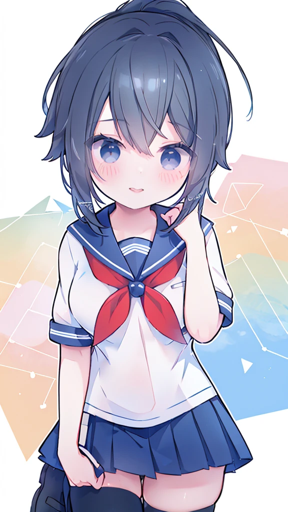 masterpiece, best quality, mature female, solo, 1girl, ayano, black_hair,  grey_eyes,  ponytail, school_uniform, thighhighs, looking at viewer, delicate, light smile,  serafuku, blue sailor collar, white sailor shirt, red neckerchief, short sleeves, blue pleated skirt, black shoes,  delicate, ethereal, beautiful, skirt,short sleeves,looking at viewer, high-definition,masterpiece,best quality, masterpiece, best quality, high resolution, aabeta, double, standing, slim waist, cute, sailor uniform (PastelColors: 1.3), white simple background, cute eyes, detailed eyes, doe eyes