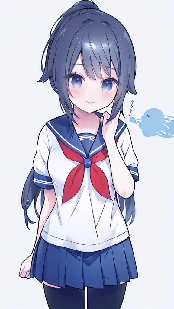 masterpiece, best quality, mature female, solo, 1girl, ayano, black_hair,  grey_eyes,  ponytail, school_uniform, thighhighs, looking at viewer, delicate, light smile,  serafuku, blue sailor collar, white sailor shirt, red neckerchief, short sleeves, blue pleated skirt, black shoes,  delicate, ethereal, beautiful, skirt,short sleeves,looking at viewer, high-definition,masterpiece,best quality, masterpiece, best quality, high resolution, aabeta, double, standing, slim waist, cute, sailor uniform (PastelColors: 1.3), white simple background, cute eyes, detailed eyes, doe eyes