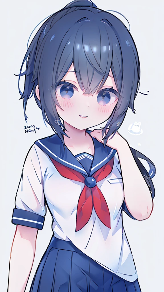 masterpiece, best quality, mature female, solo, 1girl, ayano, black_hair,  grey_eyes,  ponytail, school_uniform, thighhighs, looking at viewer, delicate, light smile,  serafuku, blue sailor collar, white sailor shirt, red neckerchief, short sleeves, blue pleated skirt, black shoes,  delicate, ethereal, beautiful, skirt,short sleeves,looking at viewer, high-definition,masterpiece,best quality, masterpiece, best quality, high resolution, aabeta, double, standing, slim waist, cute, sailor uniform (PastelColors: 1.3), white simple background, cute eyes, detailed eyes, doe eyes