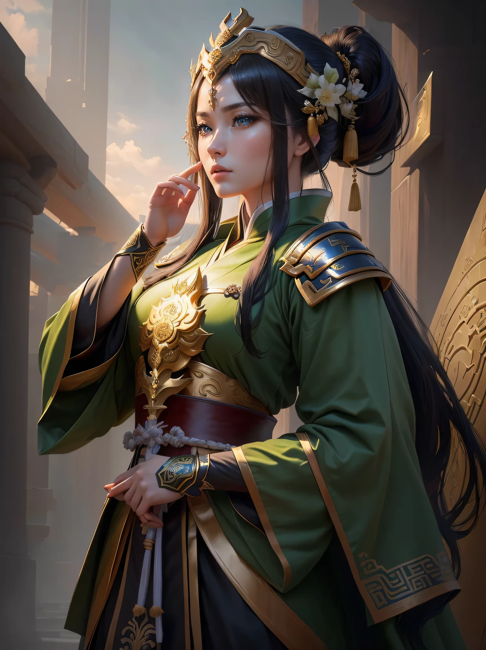 a close up of a woman in a green robe and a gold armor, inspired by Dong Yuan, zhao yun, inspired by Cao Zhibai, inspired by Guan Daosheng, inspired by Hu Zaobin, inspired by Huang Shen, inspired by Zhang Sengyao, inspired by Huang Ding, inspired by Wu Bin, inspired by Li Kan, guan yu, Highly detailed CG unit 8k wallpaper, masterpiece, High resolution, highest quality, highest quality real texture skin, Super Real, Digital Painting, Best image quality, 最High resolution, 8k, (((Highly detailed eyes and face, Beautiful eyes every detail))), profile, black hair, 