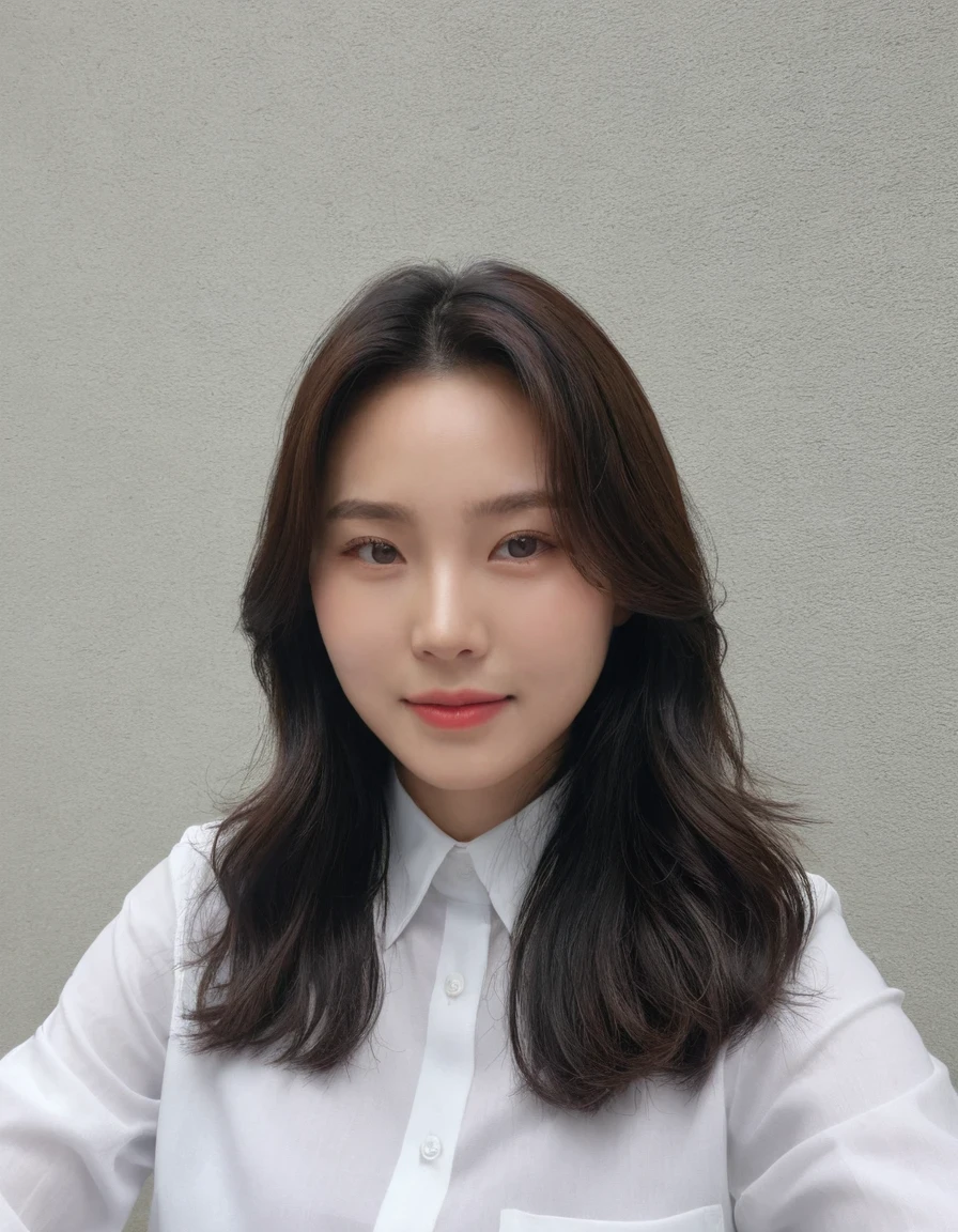 Best Quality, 8k, Masterpiece, (Portrait: 1.3), (photo realistic:1.4), (hyper realistic:1.4), Sharp Focus, looking at viewer, (smoother lighting:1.1), (increase cinematic lighting quality:0.9), realistic lighting, backlighting, light on face, ray trace, (brightening light:1.2), (Increase quality:1.4), sharp detail, (best quality real texture skin:1.4), finely detailed eyes, black_eyes, finely detailed face, 25 year old Korean woman, smiling_face