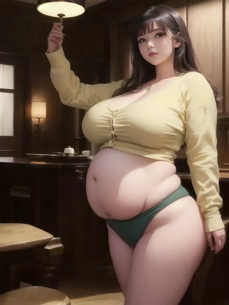 il y a une femme en chemise blanche et tte noiri pose, she has a round and big belly, thick, bbwchan,r belly is big and round, sultry body with sexy belly,tractive plus size model, her navel is exposed, hyperrealistic complete figure, corps thick, large stomach, curved model