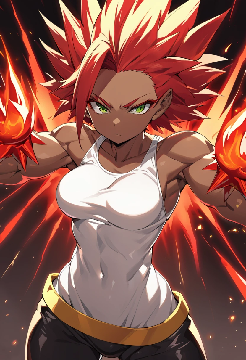 a girl, Saiyan, super saiyan, strong and spiky red hair, green eyes, defined muscles, thin waist, wide hips, dark skin, medium breasts, tight clothes, white t-shirt, black pants, hot red aura around her, heat emanating , generating enormous energies from his hands, with a huge red aura around