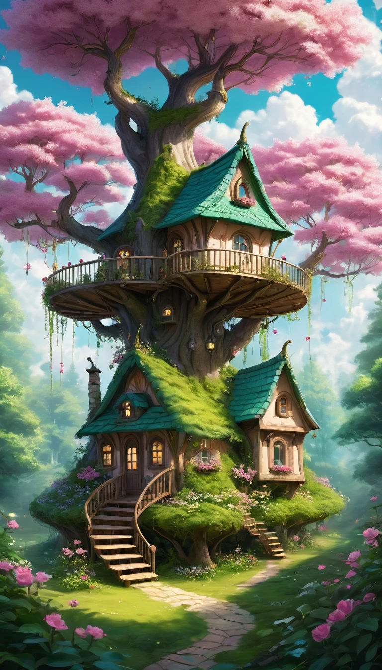 Imagine an enchanted forest, where tall trees intertwine forming a green canopy. Between the cups, white clouds float gently, creating a magical atmosphere. At the center, a cozy little house is delicately built into a sturdy tree, with small windows and a wooden balcony. ao redor, a carpet of pink flowers blooms, spreading its sweet scent through the air, coloring the floor and adding a touch of life to the scene. It&#39;s a perfect place to dream and get lost in your imagination.