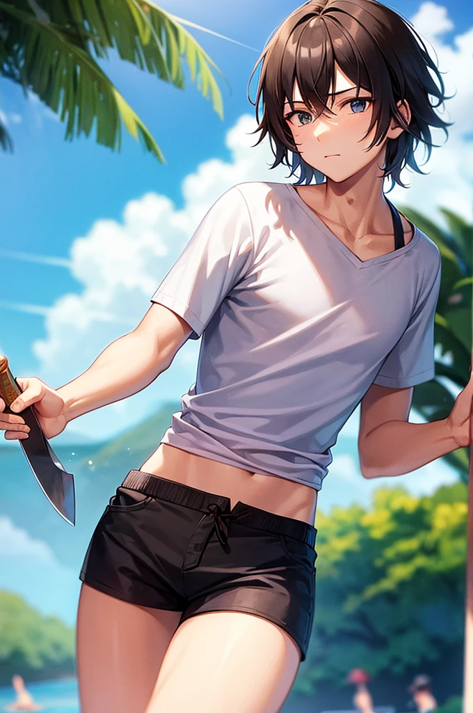 Man with a fish face in a summer shirt and summer shorts with two knives one in each hand