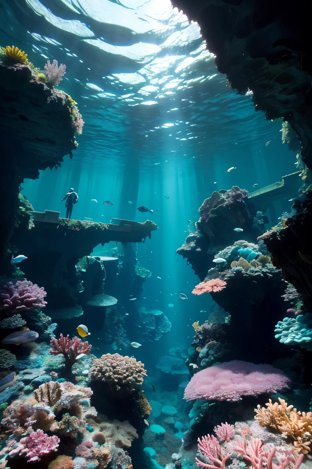 create for me:

Imagine an unreal expansive and vibrant underwater game setting, with crystal clear waters that reflect the diffuse light of the sun breaking in the ripples of the depths. Ao fundo, we see a lush coral reef, whose vibrant colors contrast with the darkness of the hidden underwater caves. Among the corals, Schools of alien fish with strange and fascinating shapes and colors swim.

At the front, a diver equipped with advanced technological suits, illuminated by a powerful LED light that cuts through the darkness, explore an ancient ruin. This structure is half submerged, with alien architectural arches and luminous inscriptions that seem to gently pulse. Around the ruin, there are curious underwater creatures and some hostile ones, as the diver prepares to interact with or avoid these encounters.