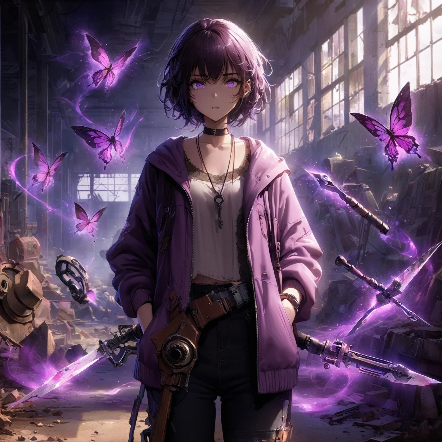 using anime style generate an image of a lady Wearing a very unique casual styled outfit, purple shadows hollow surrounding her, her expression is mostly blank and neutral, with eyes slightly open and a straight mouth, weapons that are made out of purple shadow swirling in the air, more weapons made out of black and purple shadows are floating around her, in an Abandoned Warehouse Environment, A large, empty space with rusted machines, broken windows, and peeling paint, Lighting, Dim, with moonlight streaming through broken windows and flickering industrial lights, Details, Piles of debris, old tools, and machinery parts scattered around. Graffiti and faded signs on the walls, Shadows and sparks from her powers create stark contrasts, Hints her power theme and sparks to illuminate the character, (nude:0.8), detailed gorgeous face| anime style| key visual| intricate detail| highly detailed| breathtaking| vibrant| panoramic| cinematic| Carne Griffiths| Conrad Roset| gibbli 8k