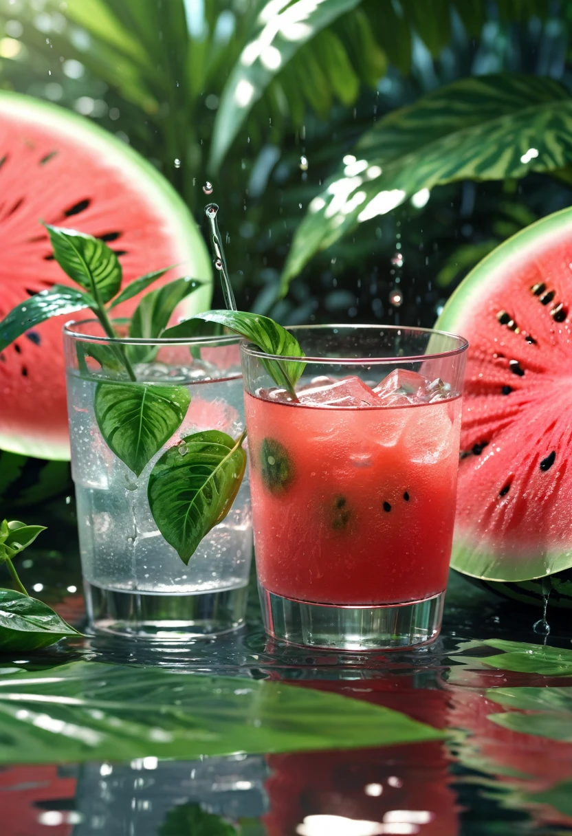 wallpaper, Poster, Drinks, Ice cubes, water melon, tropical plants, Hot weather, HD detail, Wet watermark, ultra detail, movie, hyperrealism, soft light, Deep Focus Bokeh, Ray tracing, Diffuse (Ultra-thin glass reflection) and surrealism --niji 5