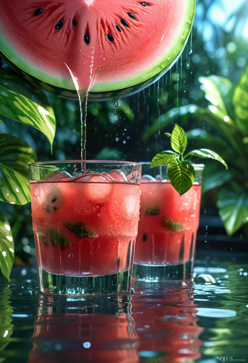 wallpaper, Poster, Drinks, Ice cubes, water melon, tropical plants, Hot weather, HD detail, Wet watermark, ultra detail, movie, hyperrealism, soft light, Deep Focus Bokeh, Ray tracing, Diffuse (Ultra-thin glass reflection) and surrealism --niji 5