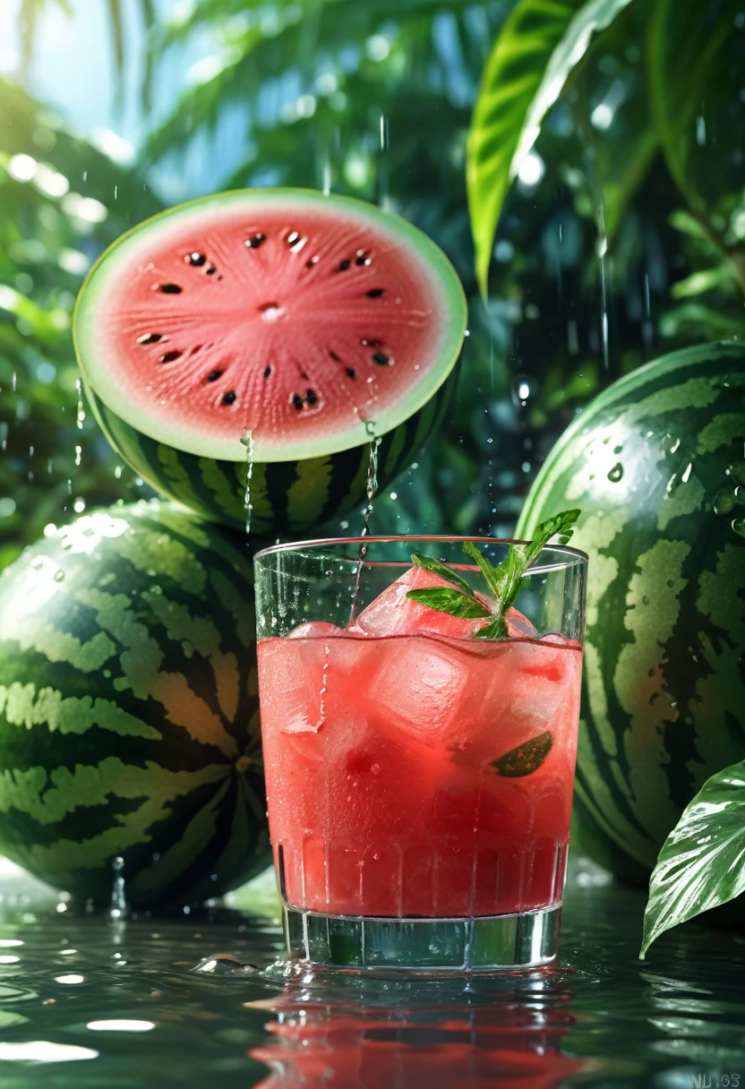 wallpaper, Poster, Drinks, Ice cubes, water melon, tropical plants, Hot weather, HD detail, Wet watermark, ultra detail, movie, hyperrealism, soft light, Deep Focus Bokeh, Ray tracing, Diffuse (Ultra-thin glass reflection) and surrealism --niji 5