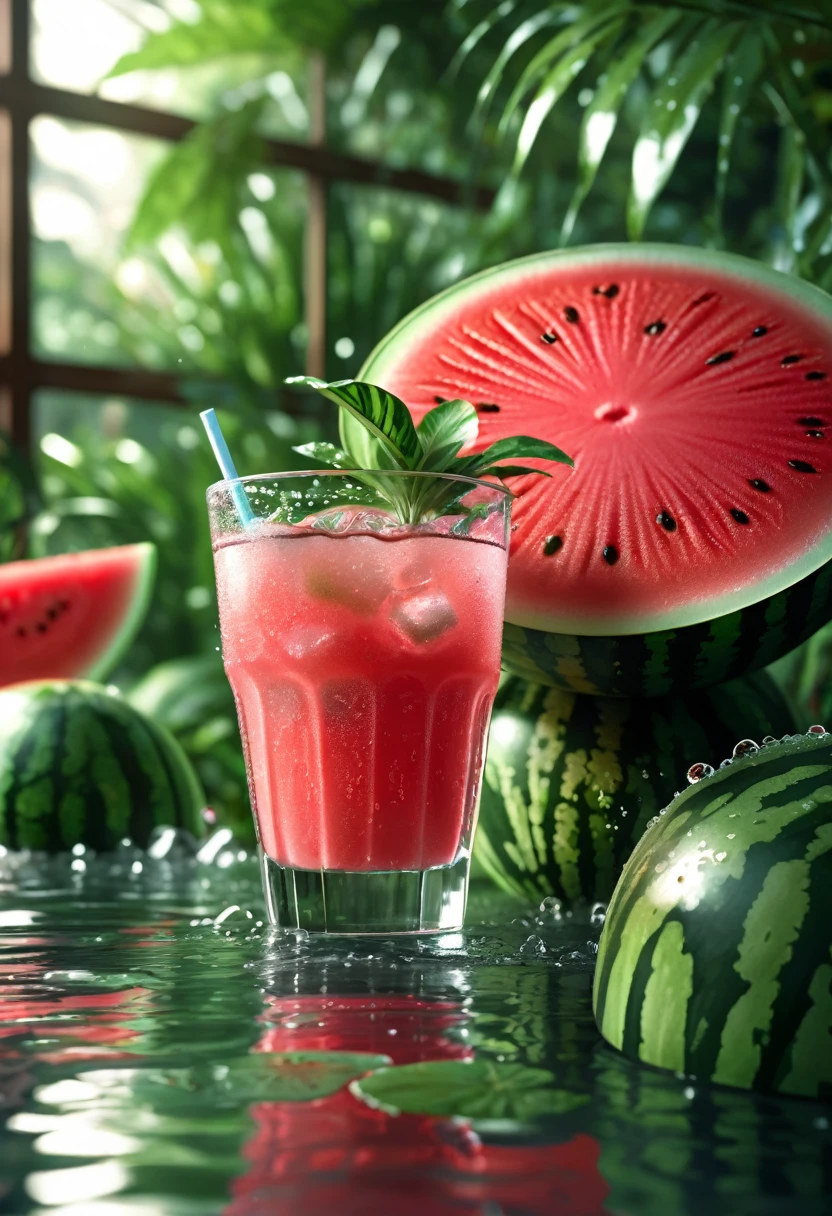 wallpaper, Poster, Drinks, Ice cubes, water melon, tropical plants, Hot weather, HD detail, Wet watermark, ultra detail, movie, hyperrealism, soft light, Deep Focus Bokeh, Ray tracing, Diffuse (Ultra-thin glass reflection) and surrealism --niji 5
