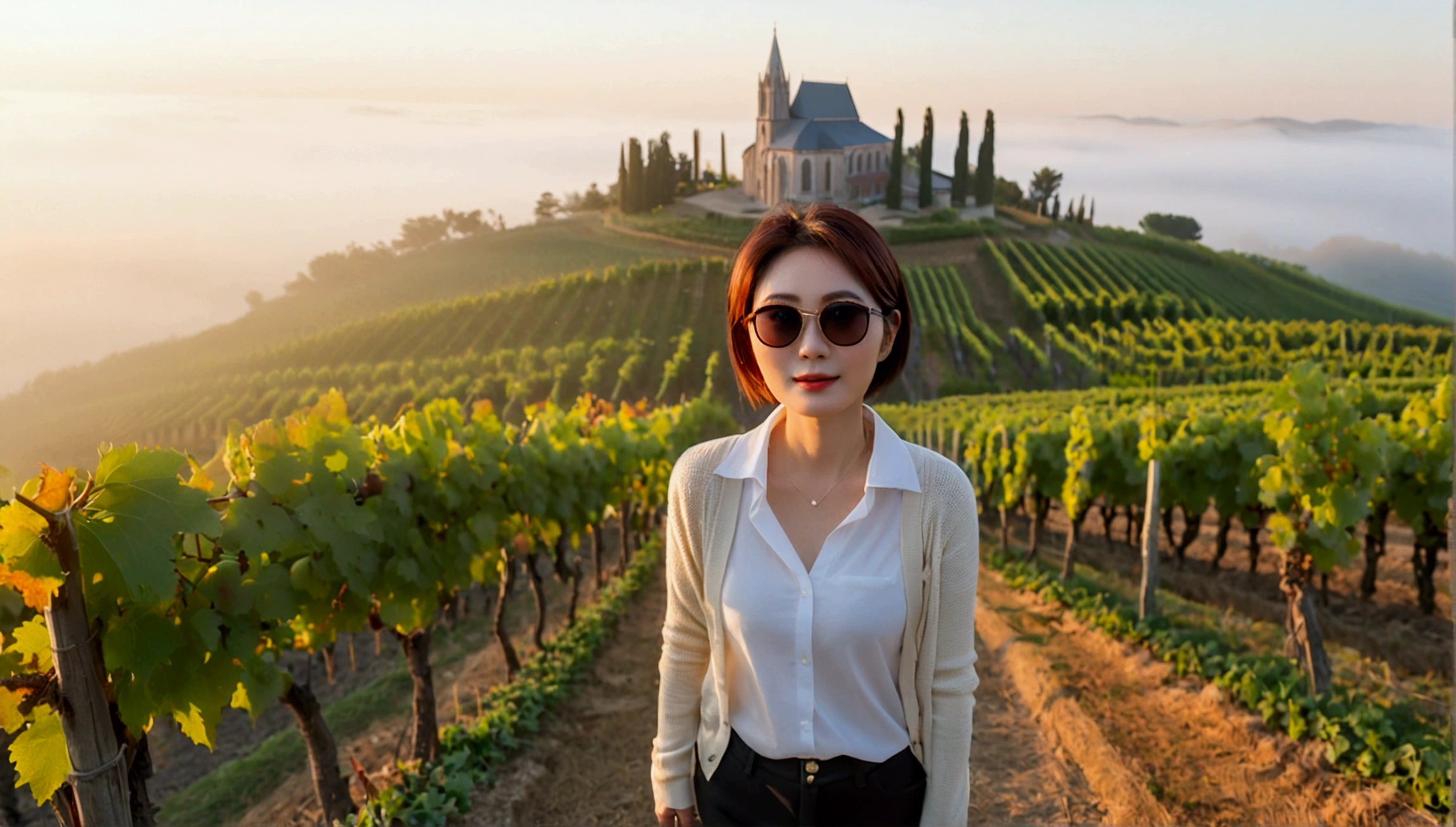 Post Creativity Upscale Transformation Upscale Download Generation Data Prompt Txt2Img 8k Realistic, lifelike photo,, 36 year old Korean woman, Short in stature, pretty like a model. front view, White shirt and short cardigan, casual pants, short medium hair, Smiley, Italy. vineyard, thick dawn fog. vineyard 지나 짙은 안개 속으로 저 멀리 성당이 보인다. Full body shot from afar with a wide angle lens , 1 woman, Short in stature, looking at the camera, Excellent picture quality, The morning fog is thick, The picture quality is alive. Full body shot with Canon 16-35 wide angle lens, Wearing sunglasses and looking up to the side, The cathedral is visible in the red morning sunlight.