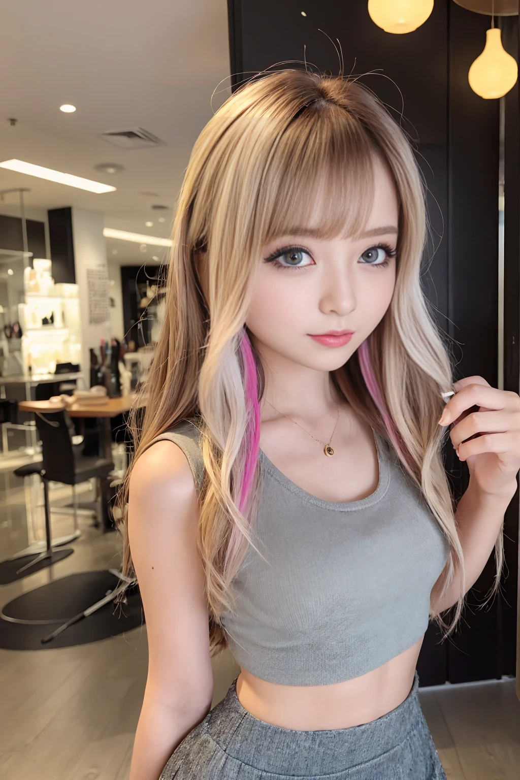 Generate a close-up image of a cute Japanese gal gazing at you with a seductive expression。She is wearing a sleeveless top and a tight mini skirt.、like々It emphasizes a stylish look.。Hair is a trendy color（For example, light brown or blonde）Dyed by、It has loose and playful waves.。The background is a vibrant urban setting featuring softly blurred colorful lights.、It highlights her features。The makeup is perfect and in line with the latest trends.、Particular emphasis is placed on the eyes and lips to bring out her charm.。Confident、She has a slightly mysterious look、It exudes charm and playfulness.。The sleeveless top and mini skirt fit her perfectly.、Showing off her curves and fashionable style、Make sure to keep the look modern and attractive。