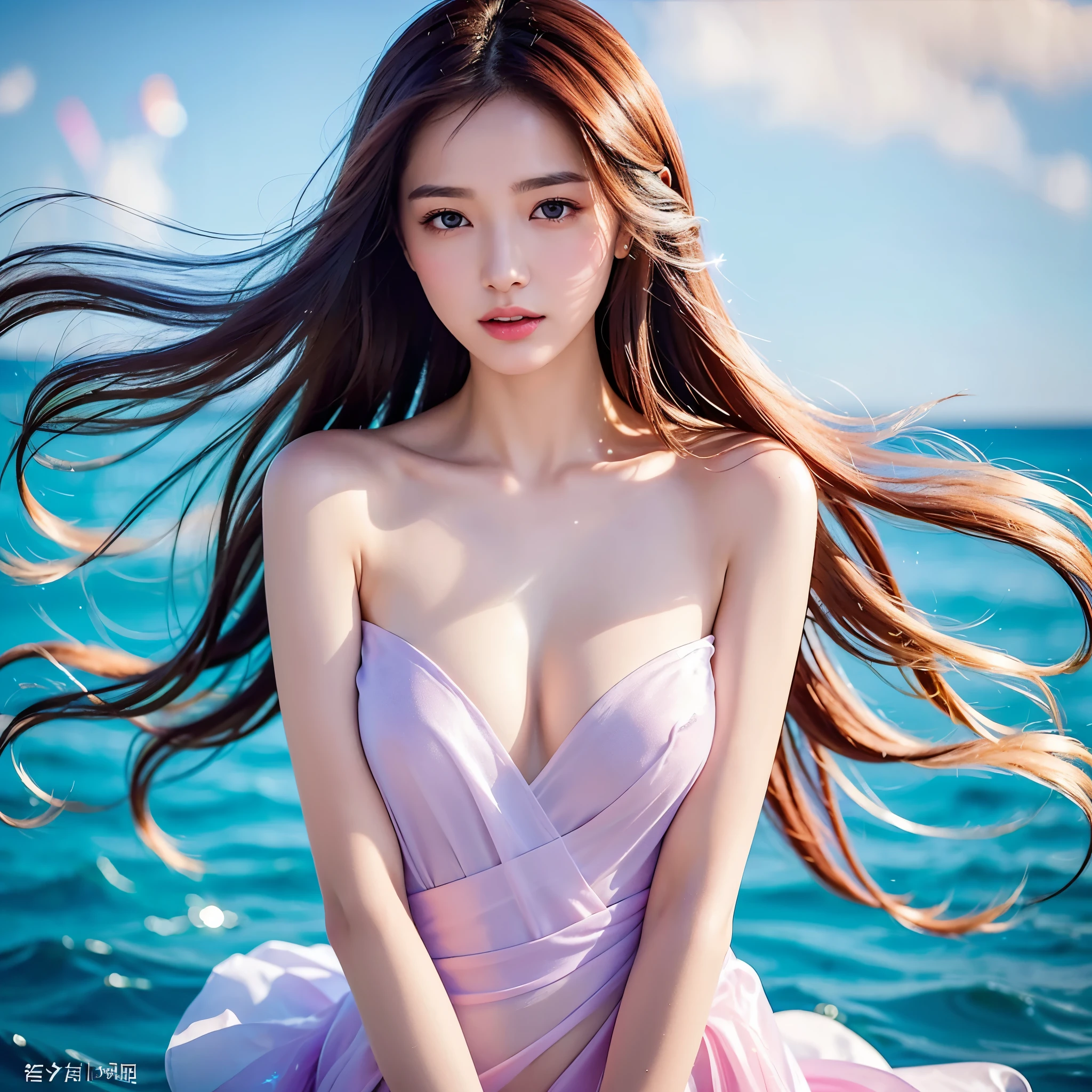 (highest quality, 32k, High resolution, masterpiece:1.5,), Haunting fantasy portrait in abstract style, ((In a swirl of fantastic pastel colors and soft light)), Evoking a sense of soothing tranquility and elusive beauty, Award-winning masterpiece with amazing details, cute asian woman, 20 years old, perfect human anatomy, big magical eyes, gentle smile, ((Shiny detailed brown hair)), Long straight hair tousled by the wind, Beautiful asymmetrical bangs, hair between eyes, smooth and soft skin, thin eyebrows, clear double eyelids, Attractive pink lips, ((naked, Wrap your body in a transparent silk cloth)), High resolution perfect collarbone, High resolution beautiful bust, Slender body with plump breasts, ((Colorful sparkling light effects:1.3)), summer blue sea, The blue, sparkling water surface reflecting light, bright sunshine, professional lighting, professional photographer, Professional models,mysterious