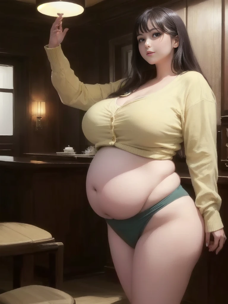 il y a une femme en chemise blanche et culotte noire qui pose, she has a round and big belly, thick, bbwchan, her belly is big and round, sultry body with sexy belly, attractive plus size model, her navel is exposed, hyperrealistic complete figure, corps thick, large stomach, curved model