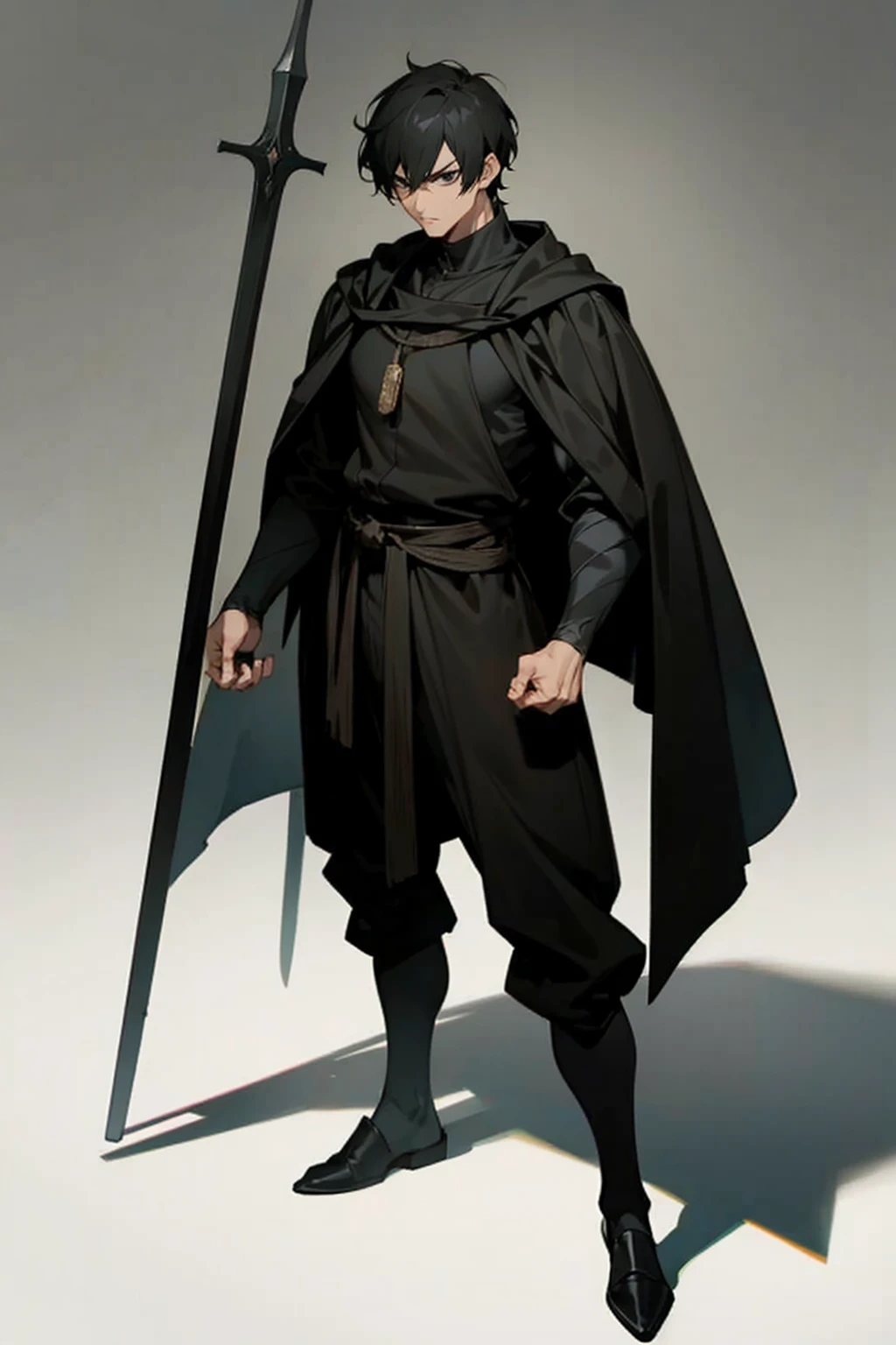 A adult anime man, black eyes, short black hair, muscular thin body, black medieval clothes, full body, standing, serious face