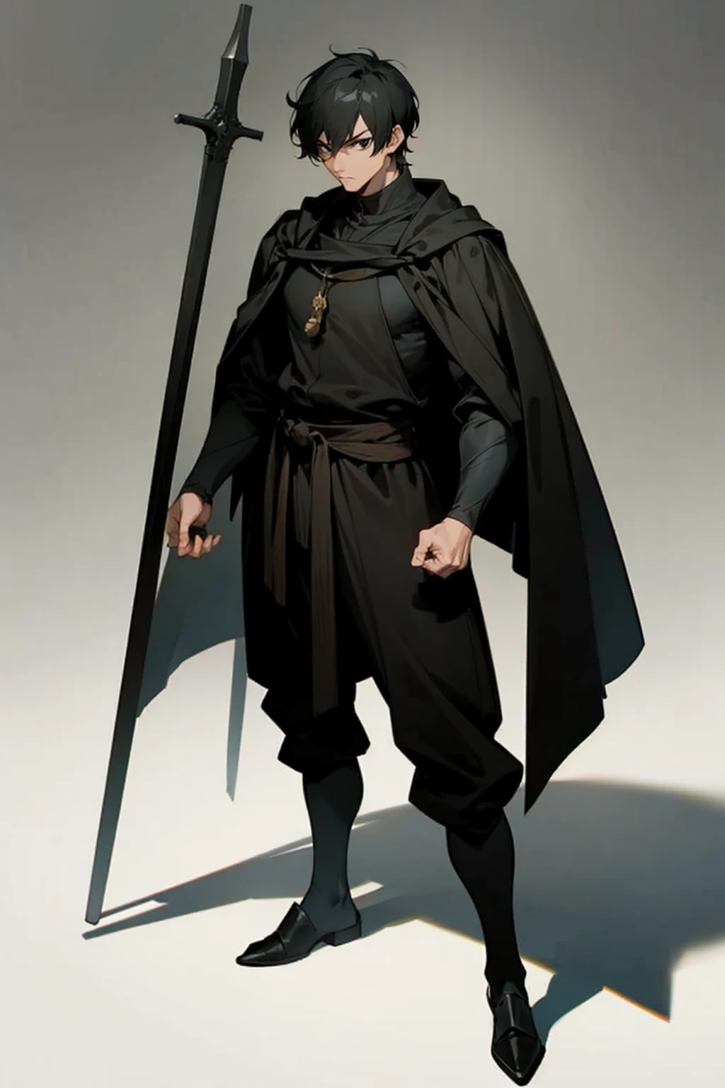 A adult anime man, black eyes, short black hair, muscular thin body, black medieval clothes, full body, standing, serious face
