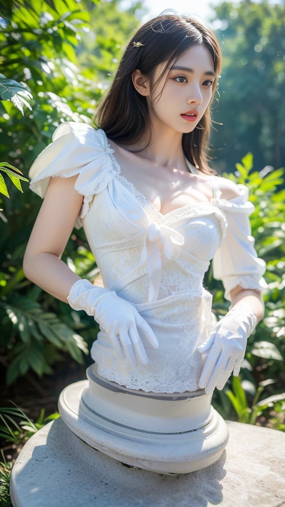 ((best quality, 8K, masterpiece :1.3)),(realistic, lifelike:1.4), original photo, High resolution, Beautiful woman with perfect body :1.4, ( (medium bust:2.0)),White lace panties,in the forest,full body photo,wearing gloves