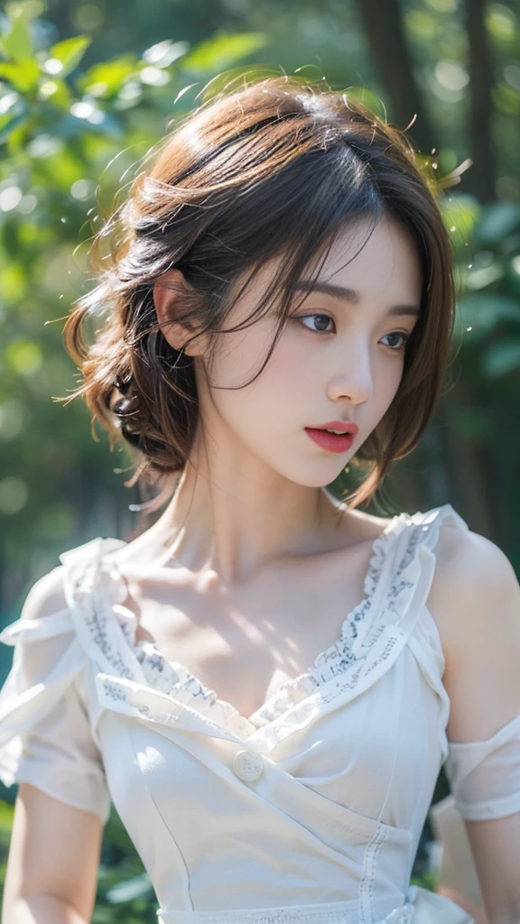 ((best quality, 8K, masterpiece :1.3)),(realistic, lifelike:1.4), original photo, High resolution, Beautiful woman with perfect body :1.4, ( (medium bust:2.0)),White lace panties,in the forest,full body photo,wearing gloves