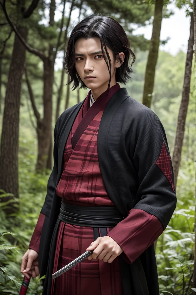 A realistic depiction of Tanjiro Kamado from Demon Slayer (Kimetsu no Yaiba), portrayed as a real person. He has short, messy black hair with a burgundy tint and kind, determined dark red eyes. He is wearing a green and black checkered haori over a dark brown uniform, and he carries a katana. He stands in a dense forest with a focused expression, ready to fight demons. The art style is highly detailed and lifelike.
