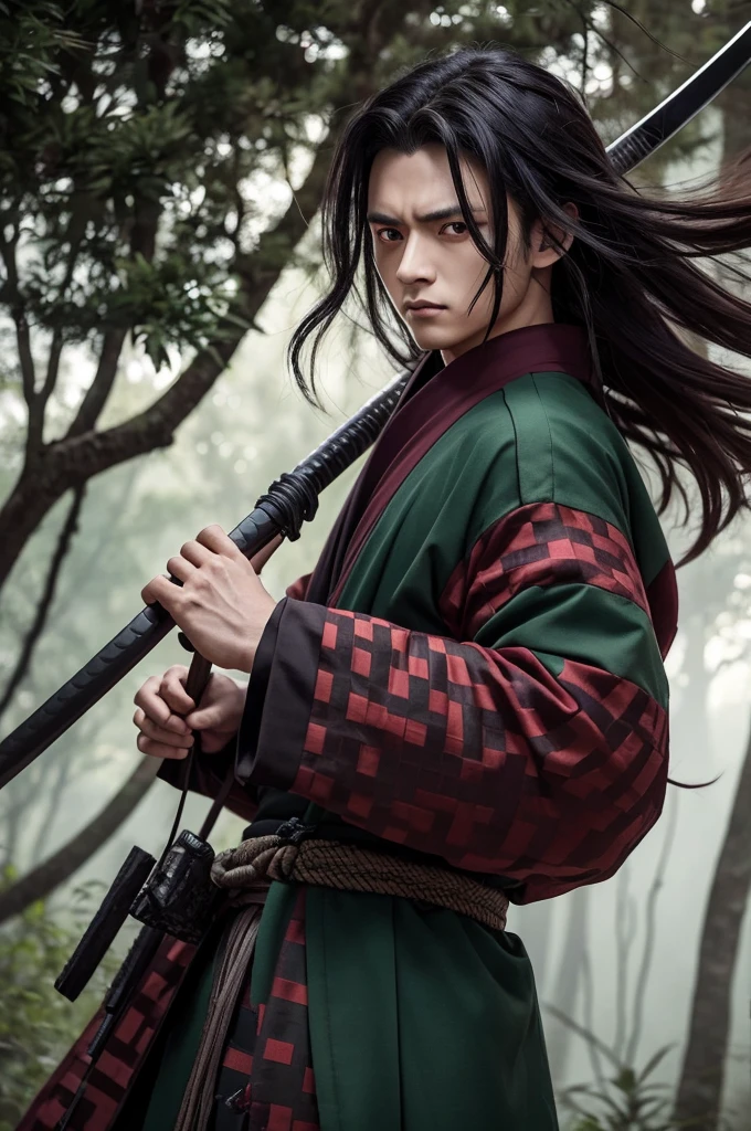A realistic depiction of Tanjiro Kamado from Demon Slayer (Kimetsu no Yaiba), portrayed as a real person. He has short, messy black hair with a burgundy tint and kind, determined dark red eyes. He is wearing a green and black checkered haori over a dark brown uniform, and he carries a katana. He stands in a dense forest with a focused expression, ready to fight demons. The art style is highly detailed and lifelike.
