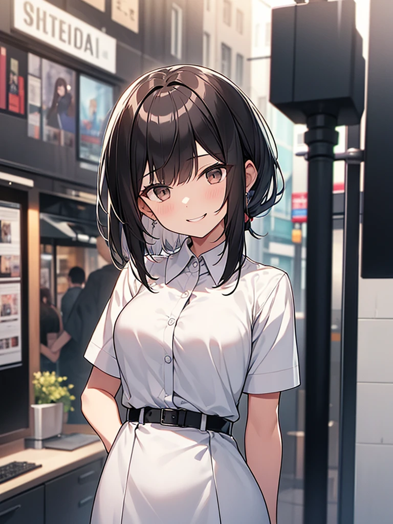 Standing tall woman:1.9 White collared shirt, short sleeves, black skirt, smiling, talking, short black hair, ponytail:1.9 Straight hair Hair tie Sweep bangs to the side:1.9. Slanted eyes, brown eyes, tall, strong-willed, beautiful