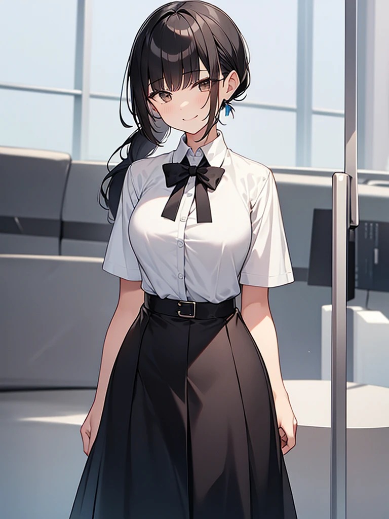 Standing tall woman:1.9 White collared shirt, short sleeves, black skirt, smiling, talking, short black hair, ponytail:1.9 Straight hair Hair tie Sweep bangs to the side:1.9. Slanted eyes, brown eyes, tall, strong-willed, beautiful