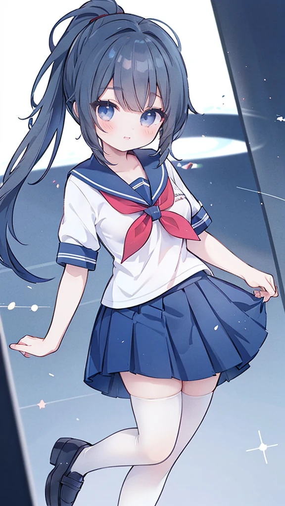 masterpiece, best quality, mature female, solo, 1girl, ayano, black_hair,  grey_eyes,  ponytail, school_uniform, thighhighs, looking at viewer, delicate, light smile,  serafuku, blue sailor collar, white sailor shirt, red neckerchief, short sleeves, blue pleated skirt, black shoes,  delicate, ethereal, beautiful, skirt,short sleeves,looking at viewer, high-definition,masterpiece,best quality, masterpiece, best quality, high resolution, aabeta, double, standing, slim waist, cute, sailor uniform (PastelColors: 1.3), white simple background, cute eyes, detailed eyes, doe eyes