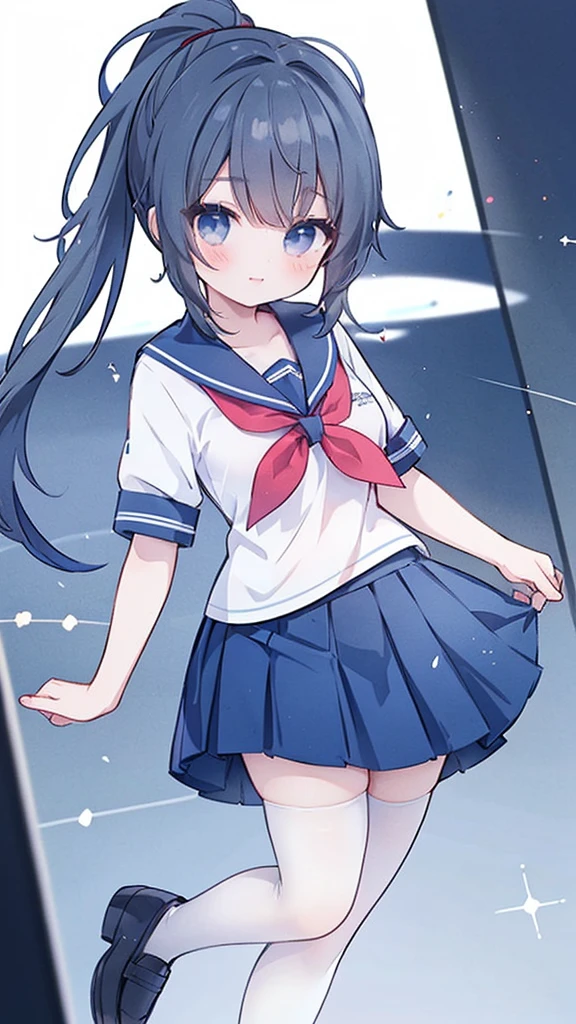 masterpiece, best quality, mature female, solo, 1girl, ayano, black_hair,  grey_eyes,  ponytail, school_uniform, thighhighs, looking at viewer, delicate, light smile,  serafuku, blue sailor collar, white sailor shirt, red neckerchief, short sleeves, blue pleated skirt, black shoes,  delicate, ethereal, beautiful, skirt,short sleeves,looking at viewer, high-definition,masterpiece,best quality, masterpiece, best quality, high resolution, aabeta, double, standing, slim waist, cute, sailor uniform (PastelColors: 1.3), white simple background, cute eyes, detailed eyes, doe eyes