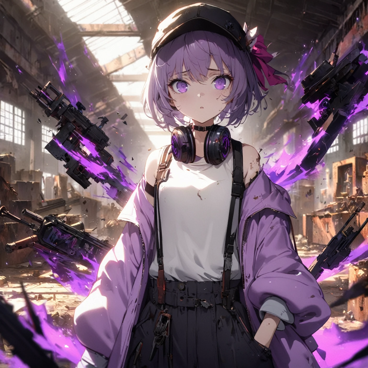 a lady Wearing a very unique casual styled outfit, purple shadows hollow surrounding her, her expression is mostly blank and neutral, with eyes slightly open and a straight mouth, weapons that are made out of purple shadow swirling in the air, more weapons made out of black and purple shadows are floating around her, in an Abandoned Warehouse Environment, A large, empty space with rusted machines, broken windows, and peeling paint, Lighting, Dim, with moonlight streaming through broken windows and flickering industrial lights, Details, Piles of debris, old tools, and machinery parts scattered around. Graffiti and faded signs on the walls, Shadows and sparks from her powers create stark contrasts, Hints her power theme and sparks to illuminate the character, (nude:0.8), detailed gorgeous face| anime style| key visual| intricate detail| highly detailed| breathtaking| vibrant| panoramic| cinematic| Carne Griffiths| Conrad Roset| gibbli 8k