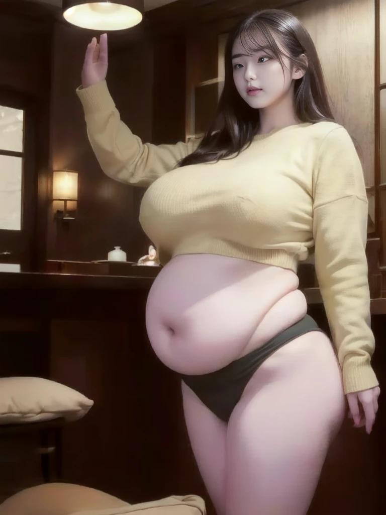 il y a une femme en chemise blanche et culotte noire qui pose, she has a round and big belly, thick, bbwchan, her belly is big and round, sultry body with sexy belly, attractive plus size model, her navel is exposed, hyperrealistic complete figure, corps thick, large stomach, curved model